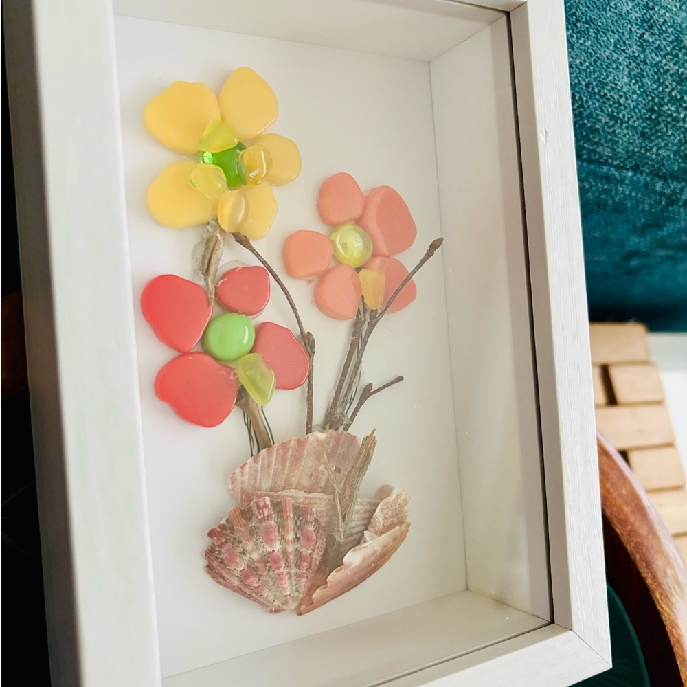 Framed Floral Sea Glass Art